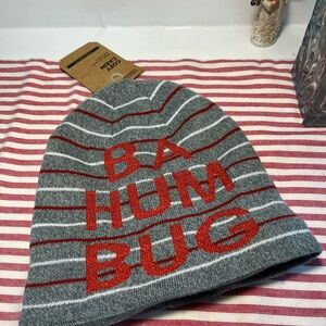 Gray Striped Beanie with Red 'BA HUM BUG' Cap Hat